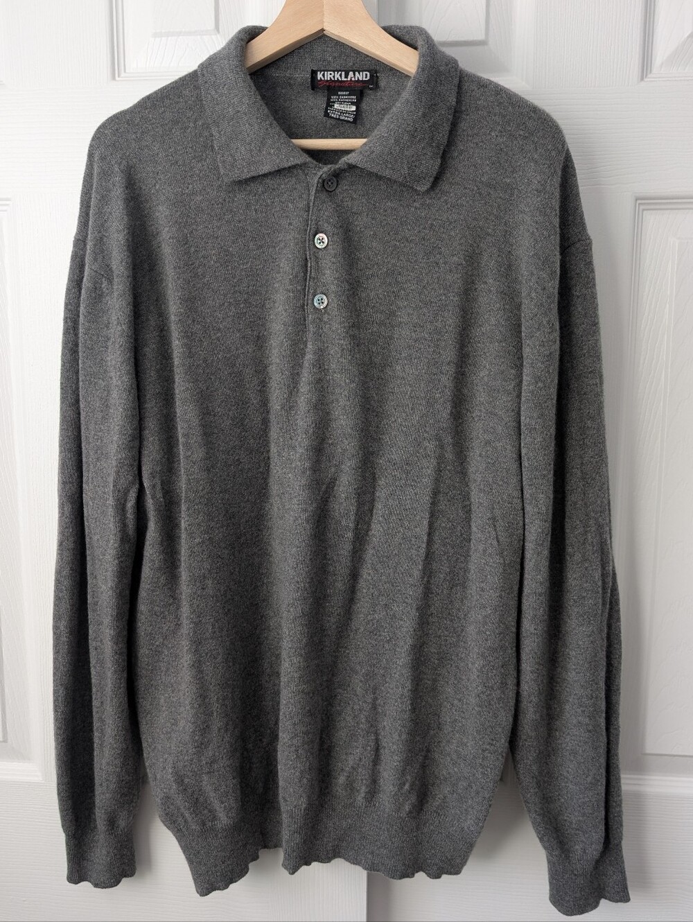 Kirkland 100% cashmere sweater Grey Long-Sleeve V neck Polo buttons size XL